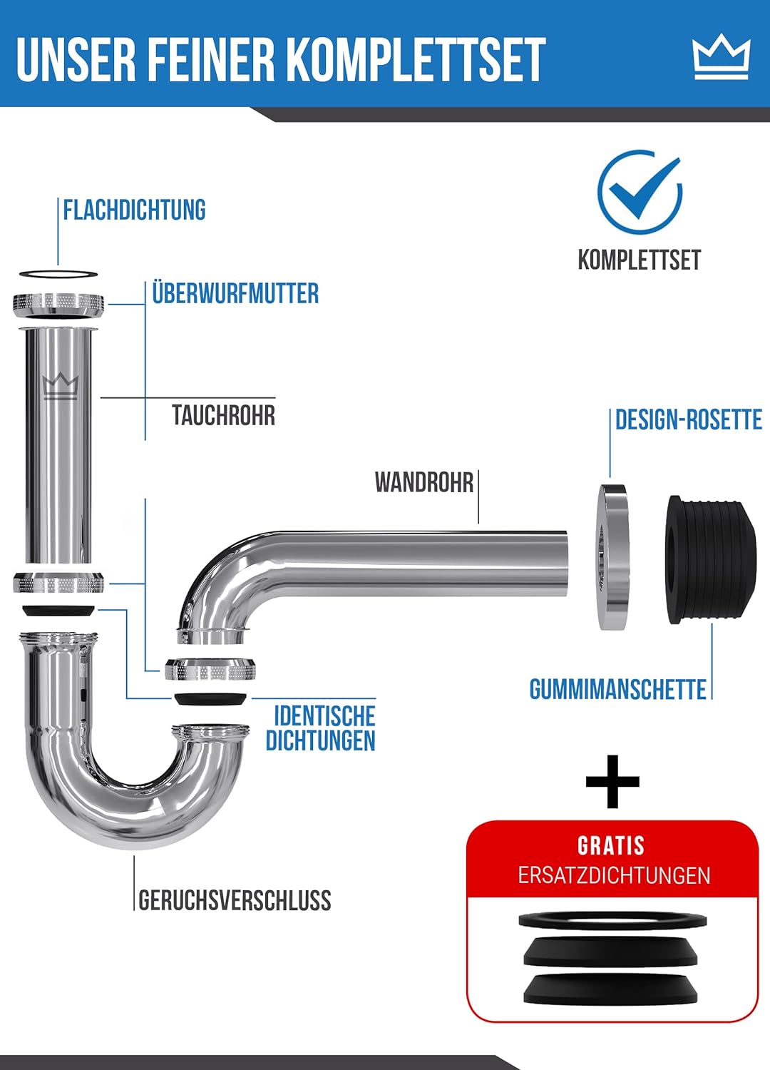 FEINER® - Premium Universal Siphon für Waschbecken Edelstahl, Abflussrohr Tauchrohr 2-12cm höhenvers