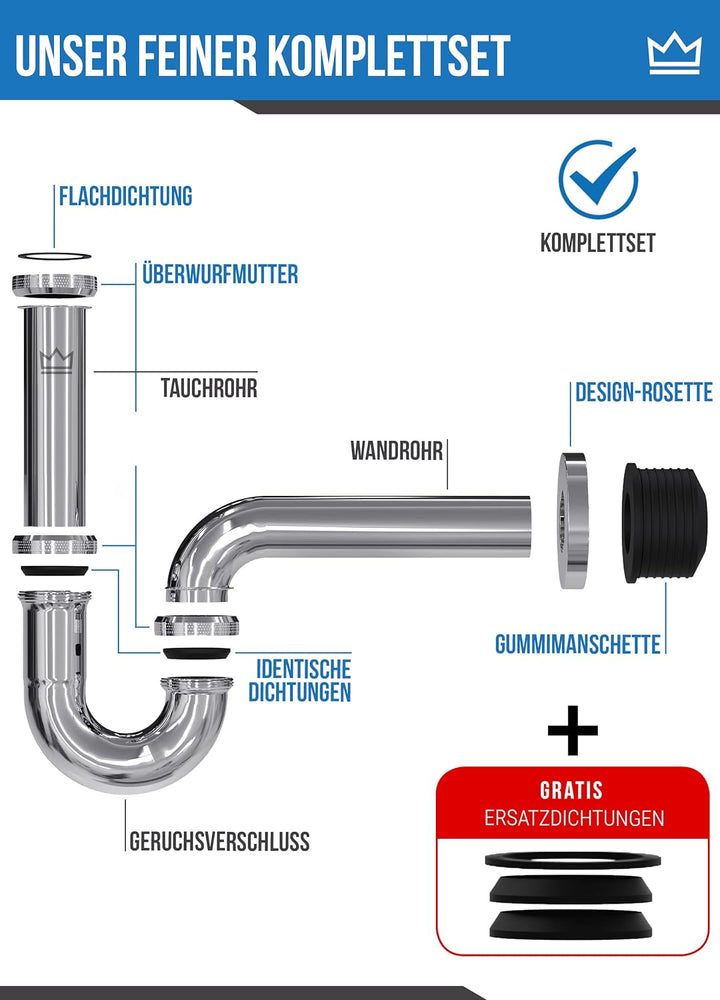 FEINER® - Premium Universal Siphon für Waschbecken Edelstahl, Abflussrohr Tauchrohr 2-12cm höhenvers