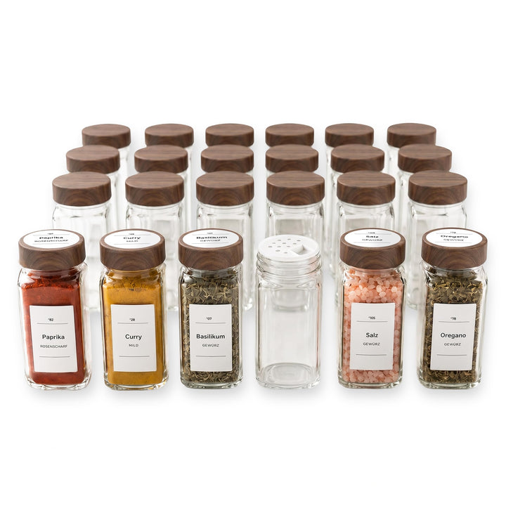 Gewürzgläser mit Streueinsatz [24x 120ml] + 320 Wasserfeste Label - Luftdichte Gewürzgläser eckig -