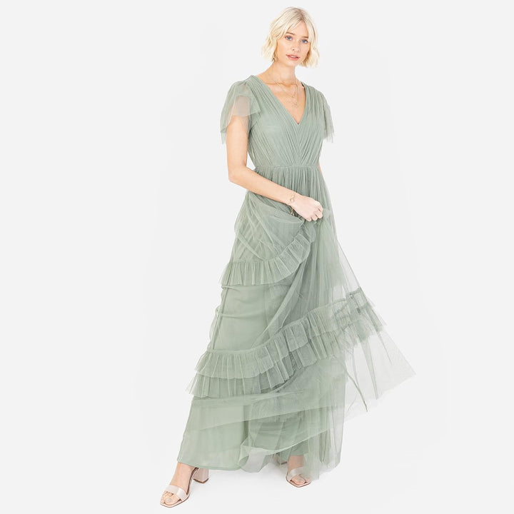 Anaya with Love Damen Ladies Maxi Dress for Women Short Sleeve Evening Ball Gown Tiered V Neck Bow T
