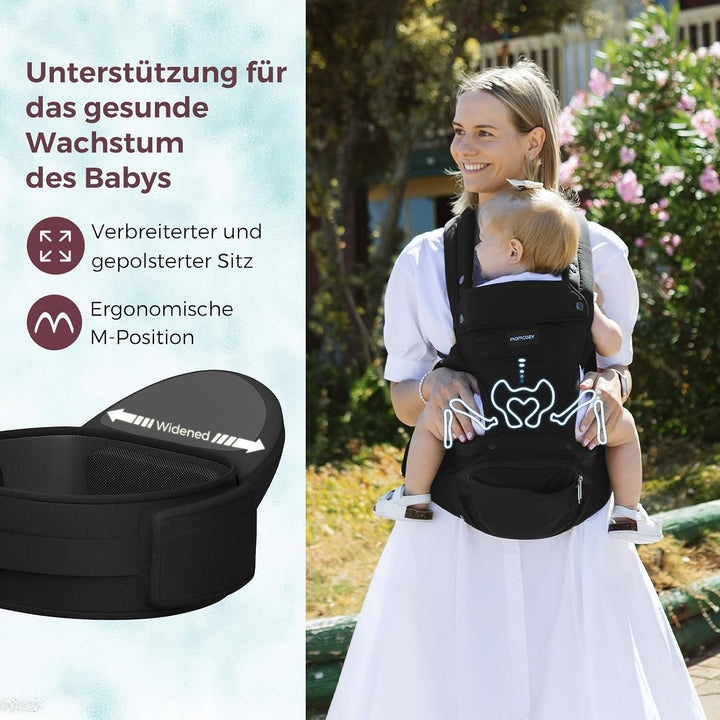 Momcozy Babytrage mit Hüftkissen, 2-in-1 Verstellbare &amp; Abnehmbare Babytrage bis 20kg, Atmungsaktive
