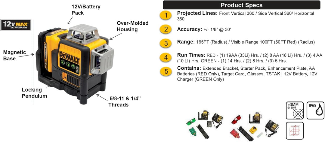 DEWALT DCE089D1R-QW Multilinienlaser 3x360°, rot, 10,8V/2Ah, 10.8 V, schwarz/gelb
