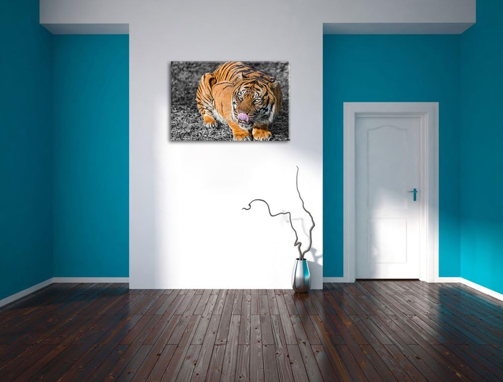 Pixxprint grosser Tiger schwarz/weiss auf Leinwand, XXL riesige Bilder fertig gerahmt mit Keilrahmen