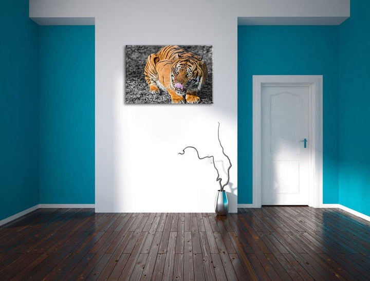 Pixxprint grosser Tiger schwarz/weiss auf Leinwand, XXL riesige Bilder fertig gerahmt mit Keilrahmen