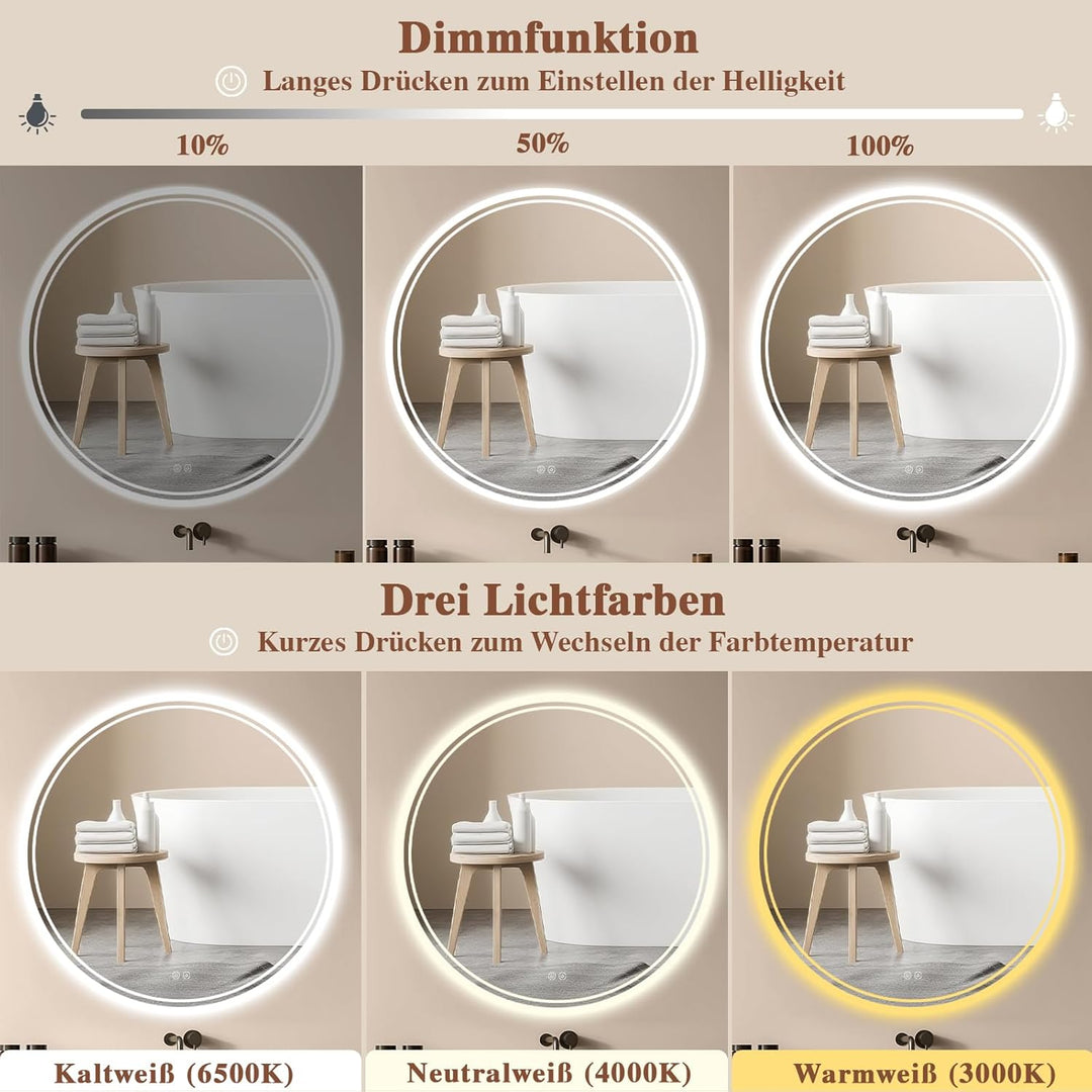 Badspiegel mit Beleuchtung - Badezimmer-Spiegel-LED mit Beschlagfrei, Touch-Schalter, Dimmbar, 3 Lic