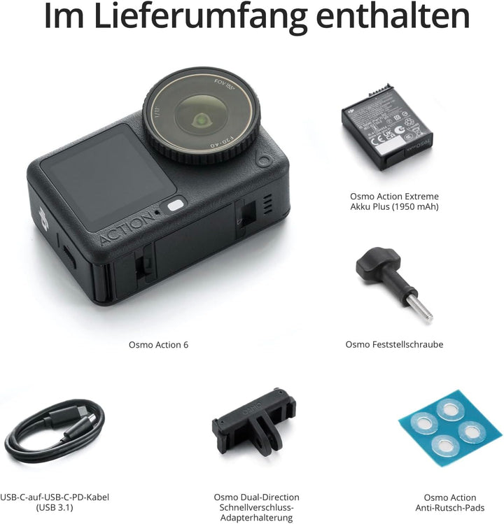 DJI Osmo Action 6 Essential Combo, Action-Cam 4K mit 1/1,1″-Quadratsensor, Variable Blende von f/2,0