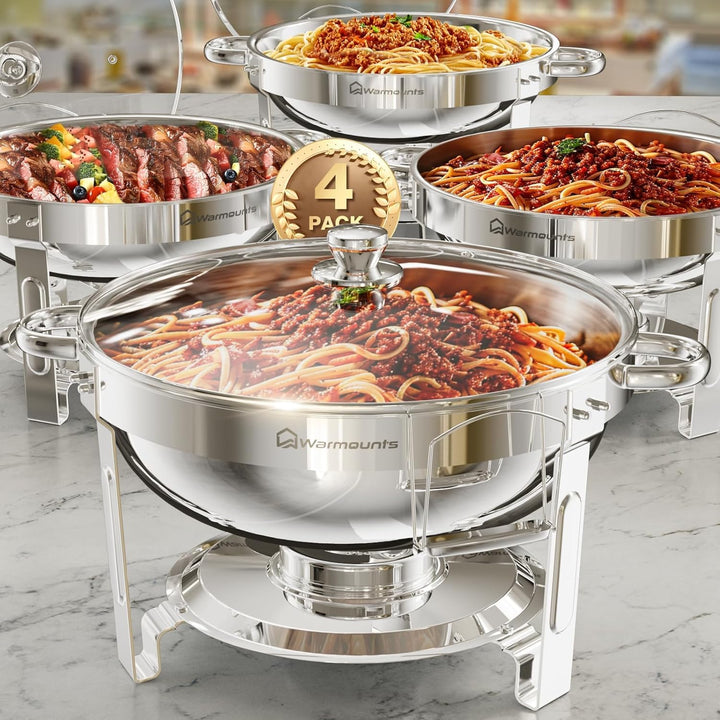 WARMOUNTS 4er Set Chafing Dish Buffet 5L, Rund Speisenwärmer für Catering mit Glasdeckel & Deckelhal