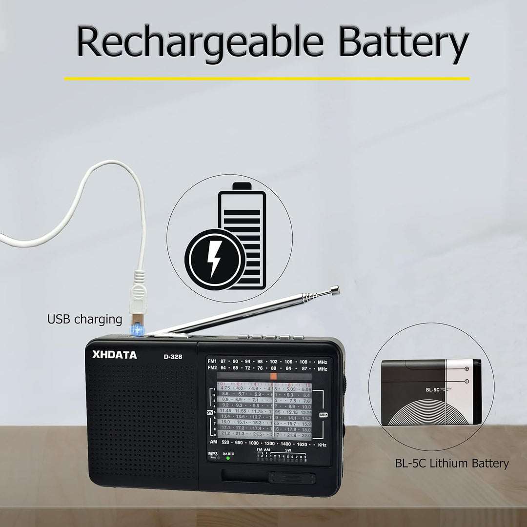 XHDATA D-328 Tragbarer Radio MP3 Player Unterstützt TF-Karte UKW AM SW Full Band Radio(Schwarz), Sch