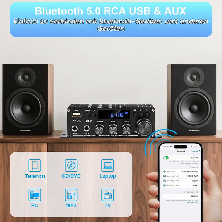 Romicta HiFi-Verstärker AK390, Mini Bluetooth Stereo-Audioverstärker Receiver 12V/ 220V 800W 2 Kanäl
