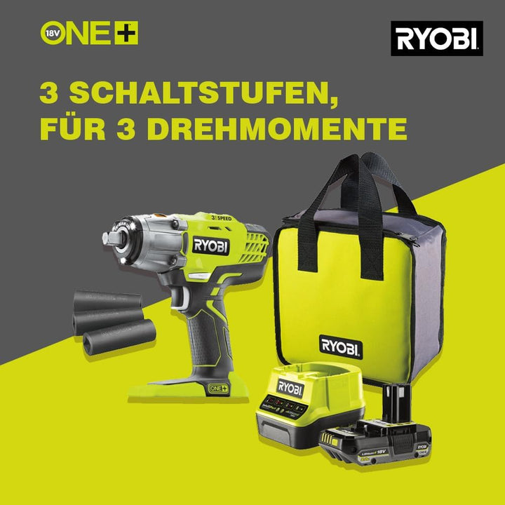 RYOBI 18 V ONE+ Akku-Schlagschrauber R18IW3-120S3 (max. Drehmoment 400 Nm, 1/2 Zoll Vierkant-Aufnahm