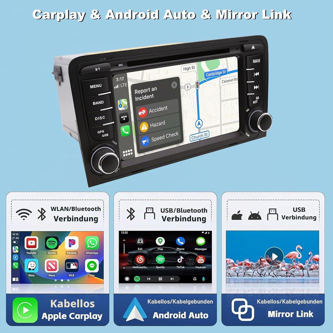 NVGOTEV Android 13 Autoradio für Audi A3 S3 RS3 2003-2012, 7 Zoll Radio mit GPS Navi DAB+ FM RDS 4G