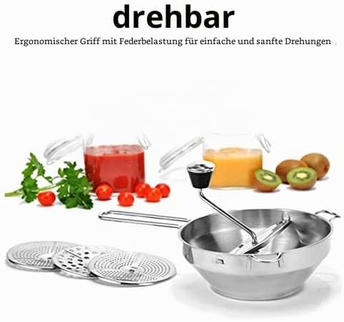 Edelstahl Passiergerät, Manuelle Passiermühle mit 3 Siebeinlagen Rotationsmühle Lebensmittelmühle Ma