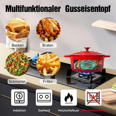 Nilpferd Gusseisen Topf Bratentopf Schmortopf Brotbacktopf mit Deckel und Griffen 22cm/3l Rund Rot E