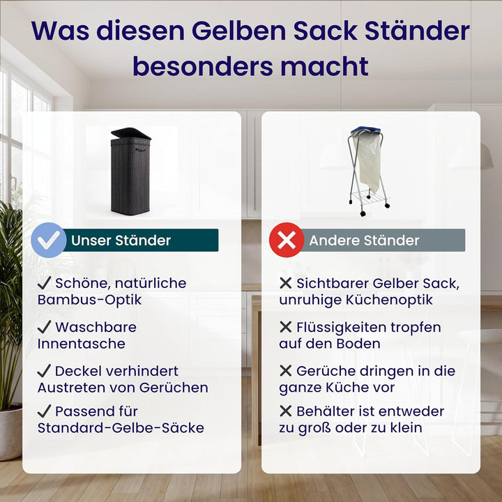 HOMELYN Gelber Sack Ständer I 80L aus Bambus I Mit waschbarer Innentasche I Stabiler Müllsackständer