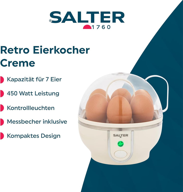 Salter Retro Cream Eierkocher - Weich-, Mittel- & Hartgekocht, Kapazität für 7 Eier, Kontrollleuchte