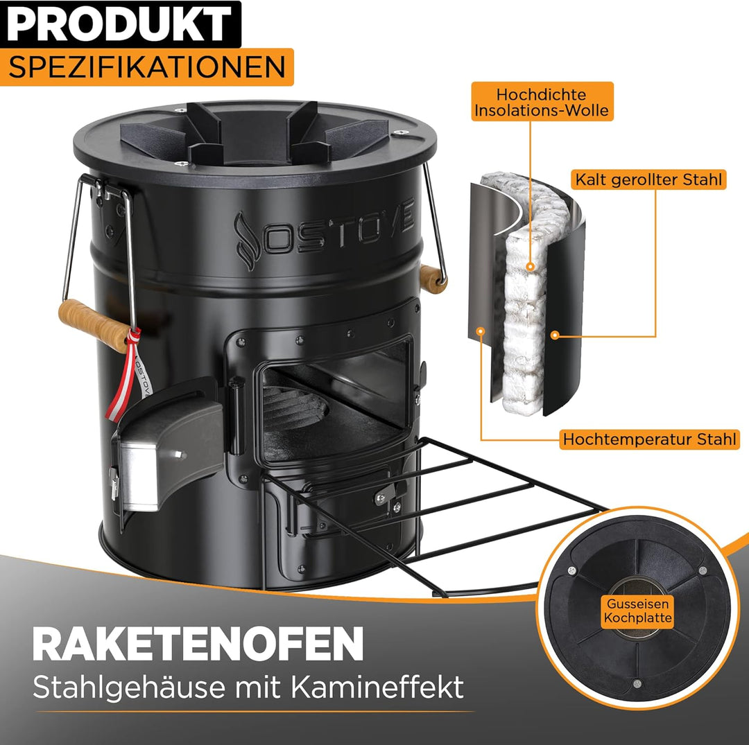 OSTOVE PRO Raketenofen - Das PRO Model mit 2 Kammern für Holz oder Kohle/Biomasse - Ideal für Campin