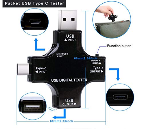 USB C Tester, 2 in 1 Typ C USB Tester Farbbildschirm IPS Digitalmultimeter,Spannung,Strom,Leistung,W