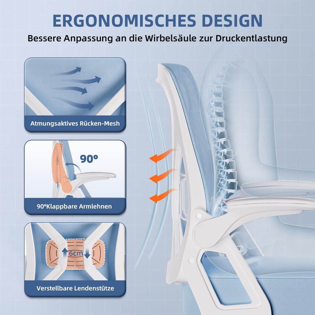 Airchros Bürostuhl, Ergonomischer Schreibtischstuhl mit Einstellbarer Lendenstütze, Hochklappbaren A