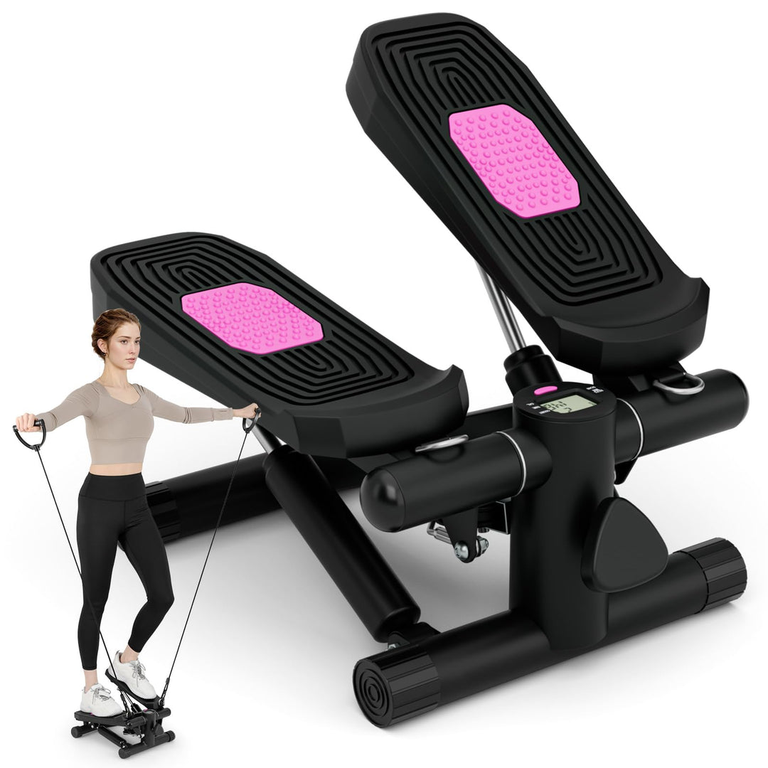 GYMAX Mini Stepper für Zuhause, Up-Down Stepper mit Power Ropes, LCD-Monitor & 5-stufige höhenverste