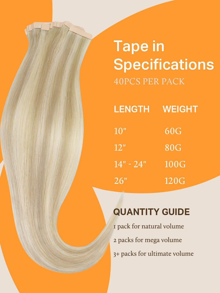 DOORES Extensions Echthaar Tape in, Dunkelblond Hervorgehobenes Bleichblond 35cm (14zoll) 100g 40pcs
