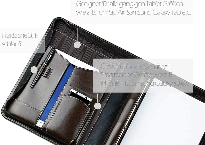 DELMON VARONE - Personalisierbare Tablet &amp; Smartphone Schreibmappe DIN A4 XXL Cambridge Top Grain Le