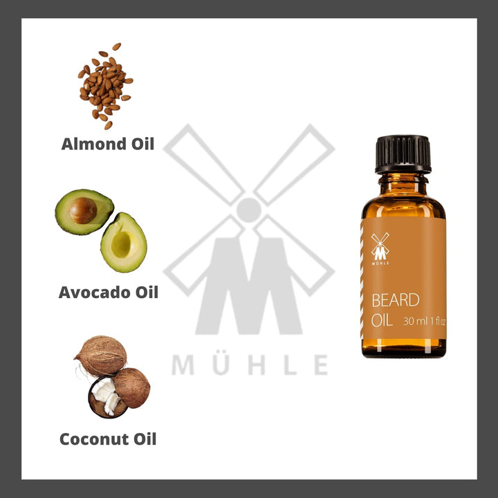 MÜHLE Beard Care - Bartöl - Tägliche Bartpflege für seidigen Glanz - Mandel, Kokos, Avocado, Jojoba,