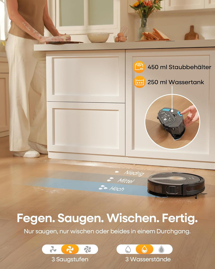 Saugroboter mit Wischfunktion 5000Pa, Staubsauger Roboter 3 in 1 mit 180Min Laufzeit, Staubsaugrobot