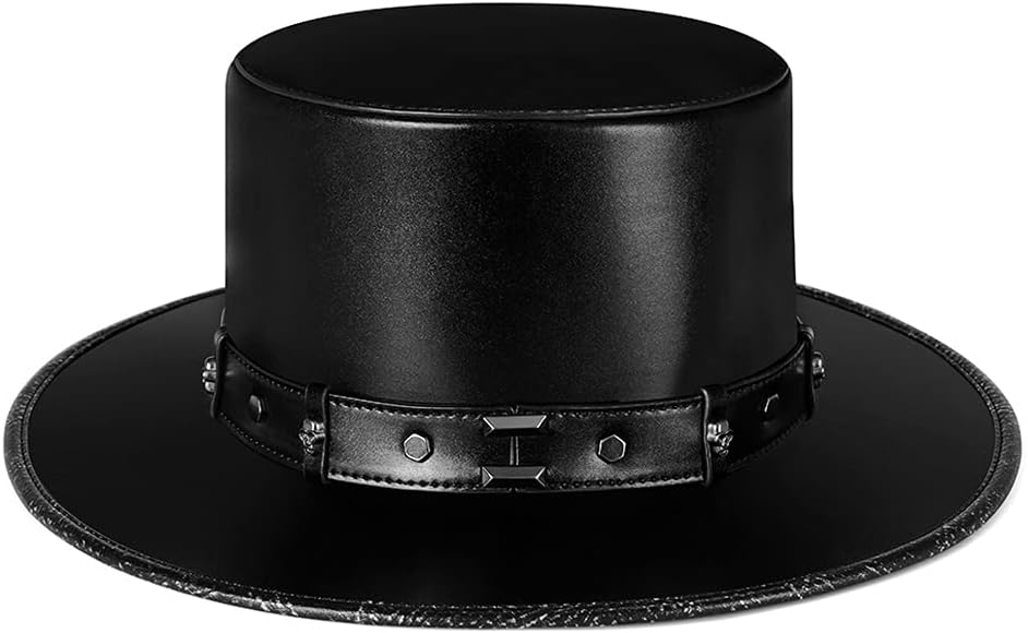 MYBOON Pest-Doktor-Hut PU-Leder-Schwarzer Flacher Zylinder für Halloween-Cosplay