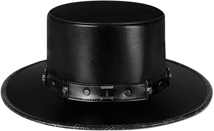 MYBOON Pest-Doktor-Hut PU-Leder-Schwarzer Flacher Zylinder für Halloween-Cosplay