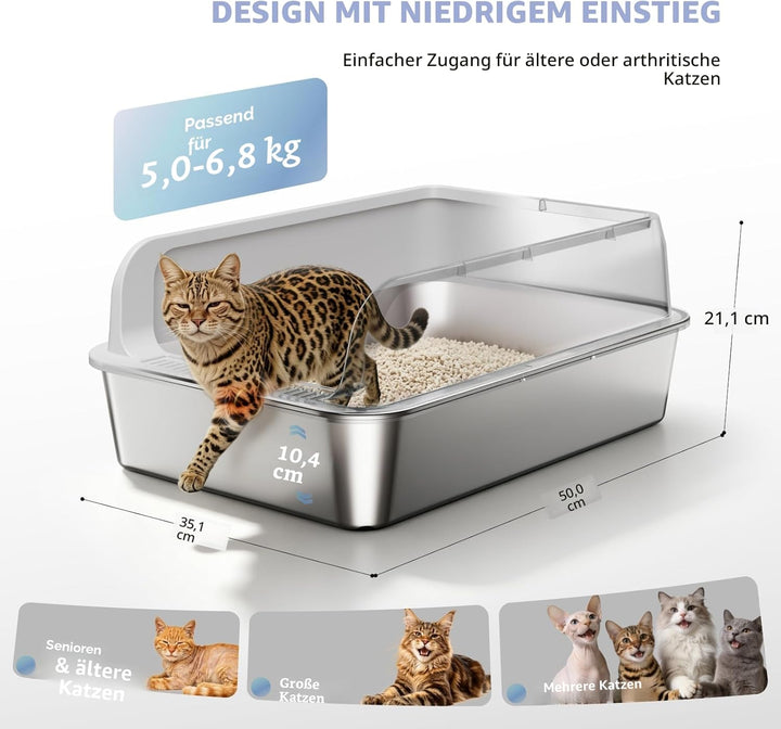 Edelstahl Katzenklo mit Deckel, 2 Stück Metal Katzenklo XXL mit Hoher Rand für Erwachsene Katzen,Was