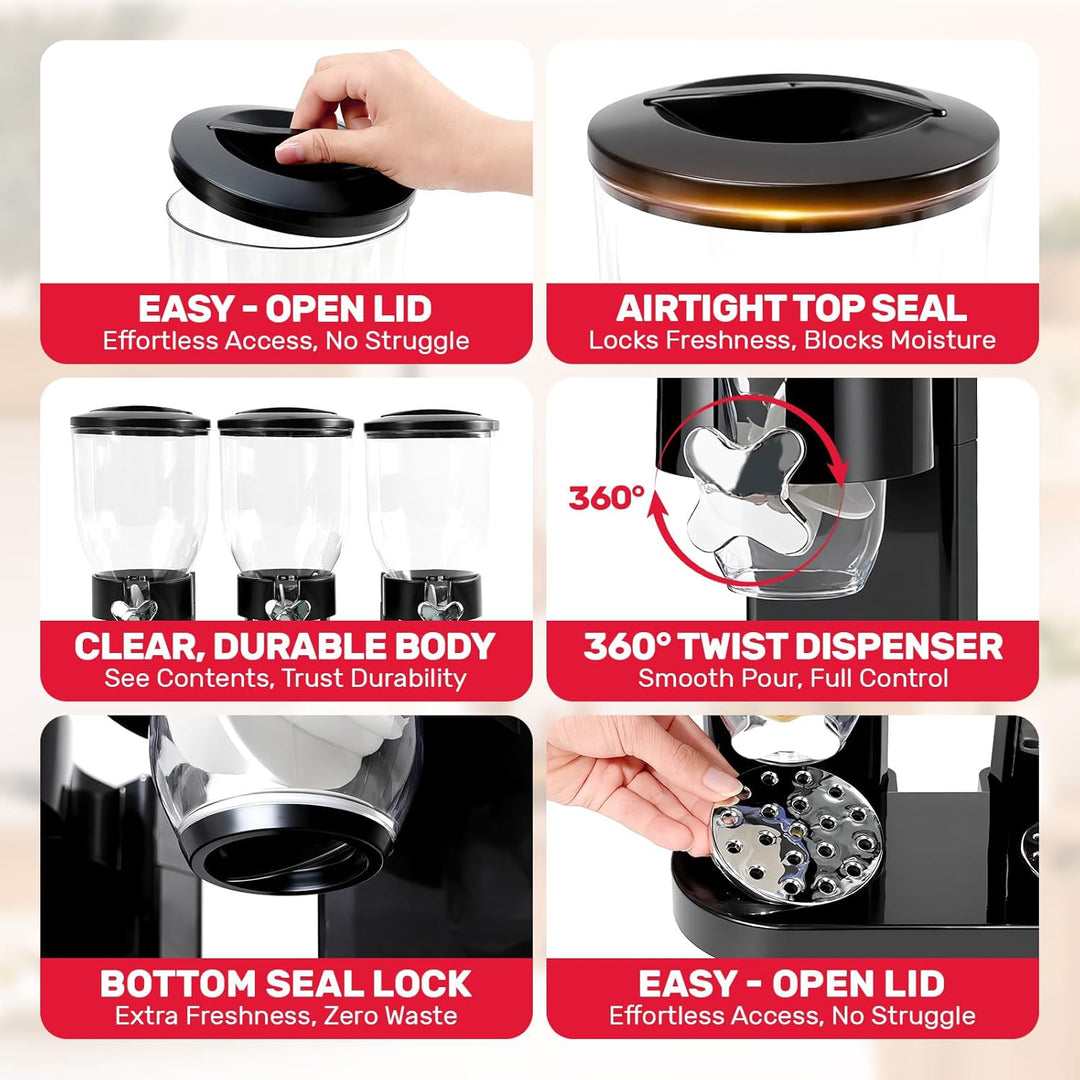 Sinceroduct Cereal Dispenser Countertop 2L, Dreifacher Müsli Verteiler für die Arbeitsplatte, Müslis
