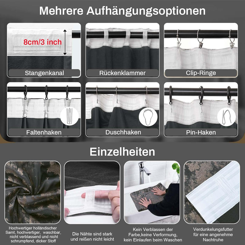 Rosnek Samt Vorhang Grau Blickdicht 2er Set,Gardinen Kräuselband mit Heissprägen Muster,Thermogardin