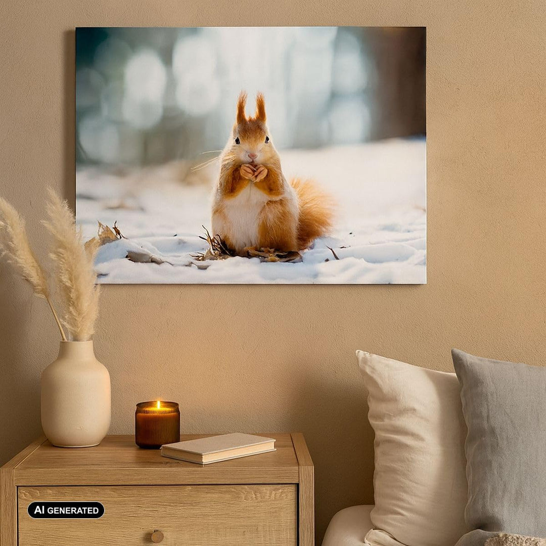 Bilder auf Leinwand 100x70cm Leinwandbild Eichhörnchen Winter Schnee Essen Gross Wanddeko Bild Schla
