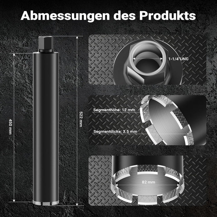 Wiltec Diamantbohrkrone Typ 2 (Mesh) Ø 82 mm, Bohrkrone 450 mm, 1¼ UNC Nassbohrkrone, Diamantbohrer