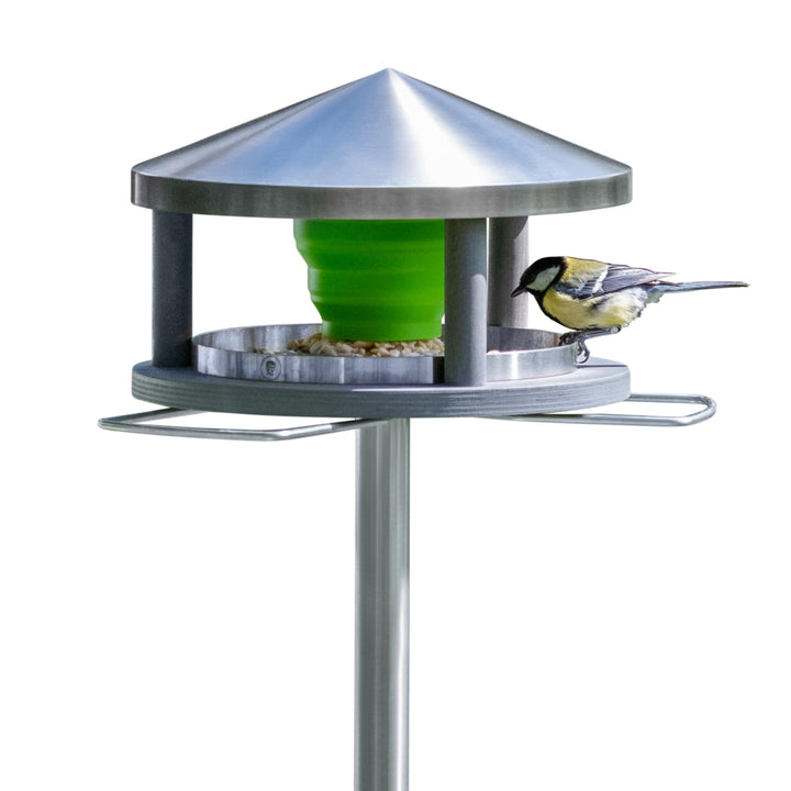 Vogelhaus mit Ständer wetterfest aus Edelstahl - Stabiles Vogelfutterhaus für draussen, modern aus M