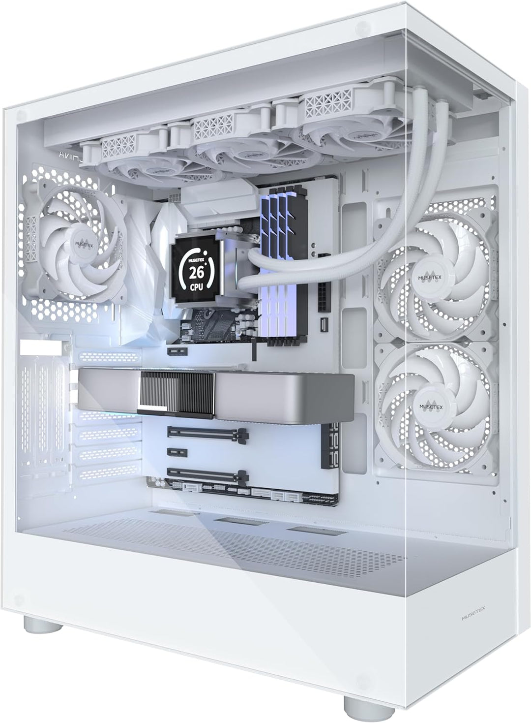 MUSETEX PC Gehäuse ATX 3 Non-LED Lüfter vorinstalliert, Typ-C Mid-Tower Computergehäuse mit Vollsich