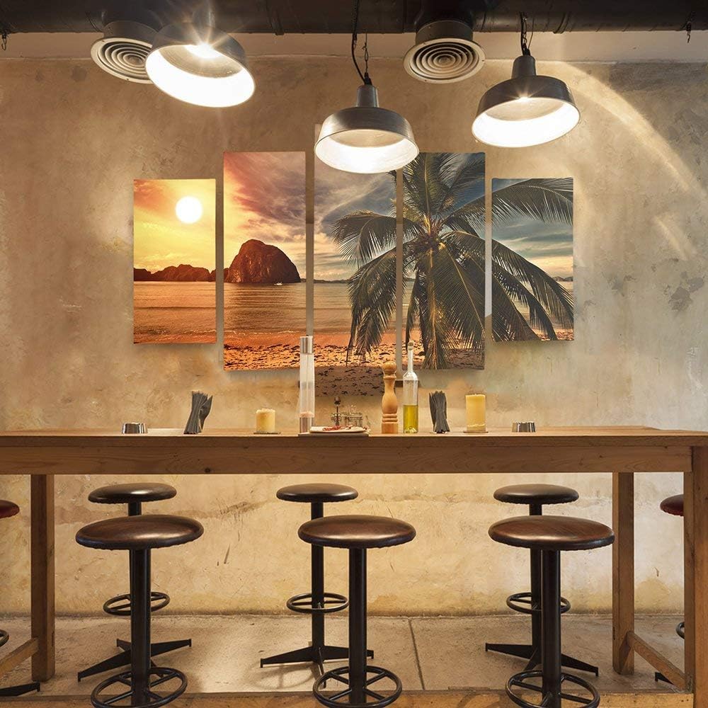 Feeby Frames, Leinwandbild Bilder Wand Bild - 5 Teile - Wandbilder Kunstdruck (PALME, SONNENUNTERGAN