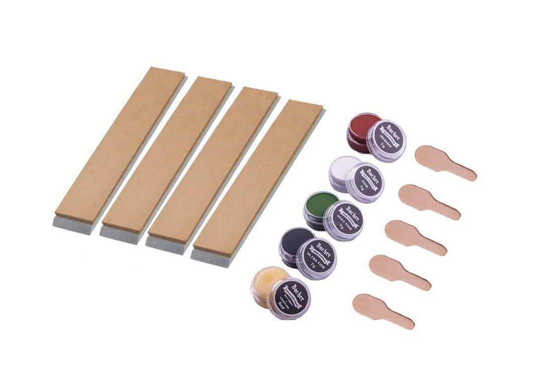 Bacher Messerschärf-System Abziehleder – Set 4X Streichriemen + 4X Abziehpaste und Lederbalsam– für