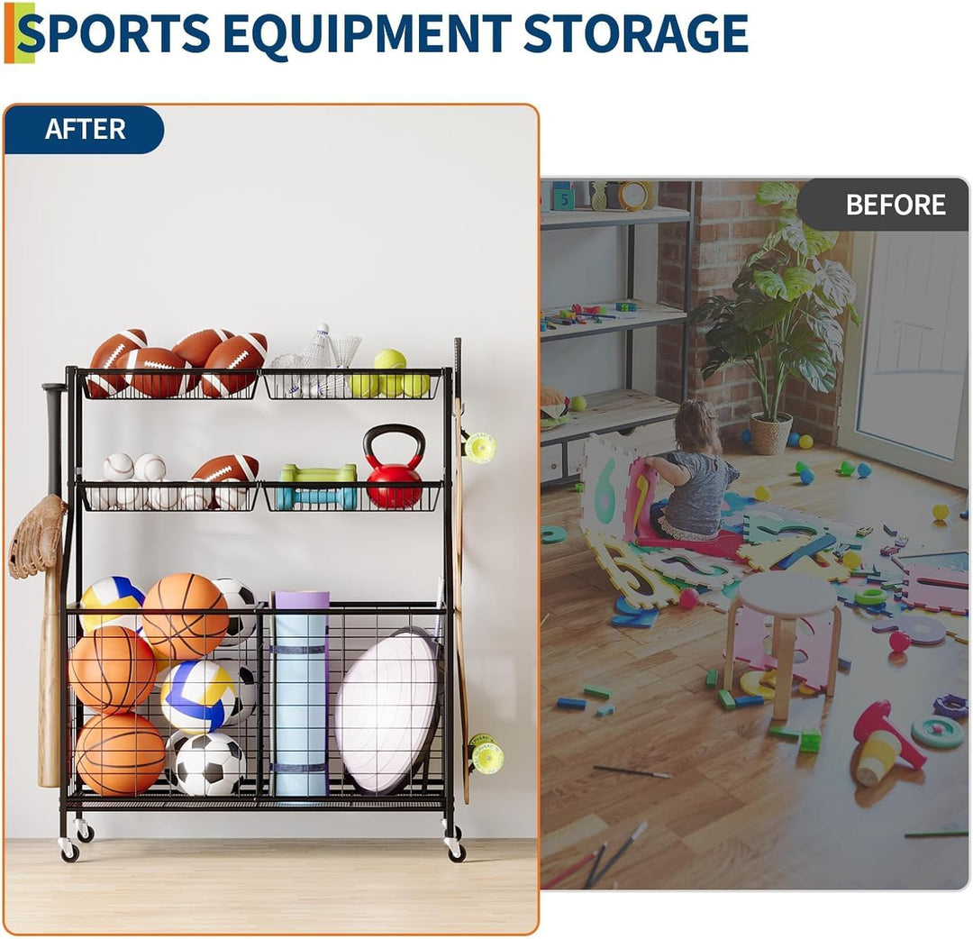 Garvee Vielseitiges Sportgeräte-Regal für die Garage – Aufbewahrungswagen mit Körben, Haken &amp; Rollen