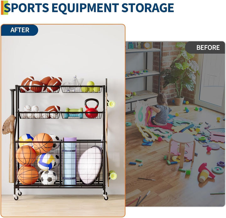 Garvee Vielseitiges Sportgeräte-Regal für die Garage – Aufbewahrungswagen mit Körben, Haken &amp; Rollen