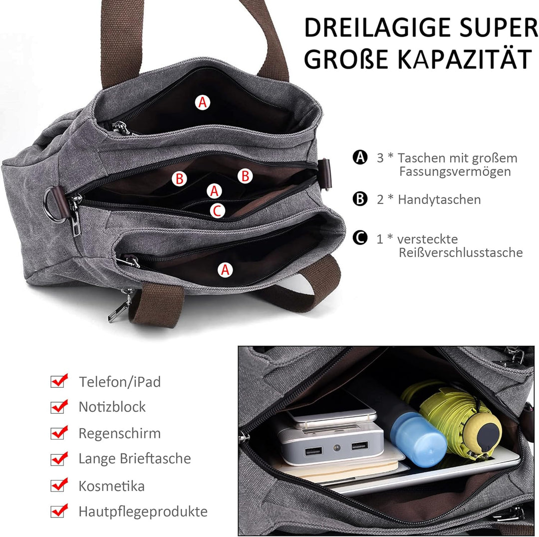 DORRISO Mode Umhängetasche Damen Canvas Handtasche Reise Schultertasche Casual Multifunktionale Umhä