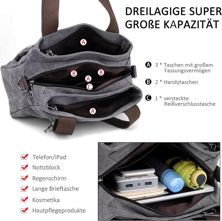 DORRISO Mode Umhängetasche Damen Canvas Handtasche Reise Schultertasche Casual Multifunktionale Umhä