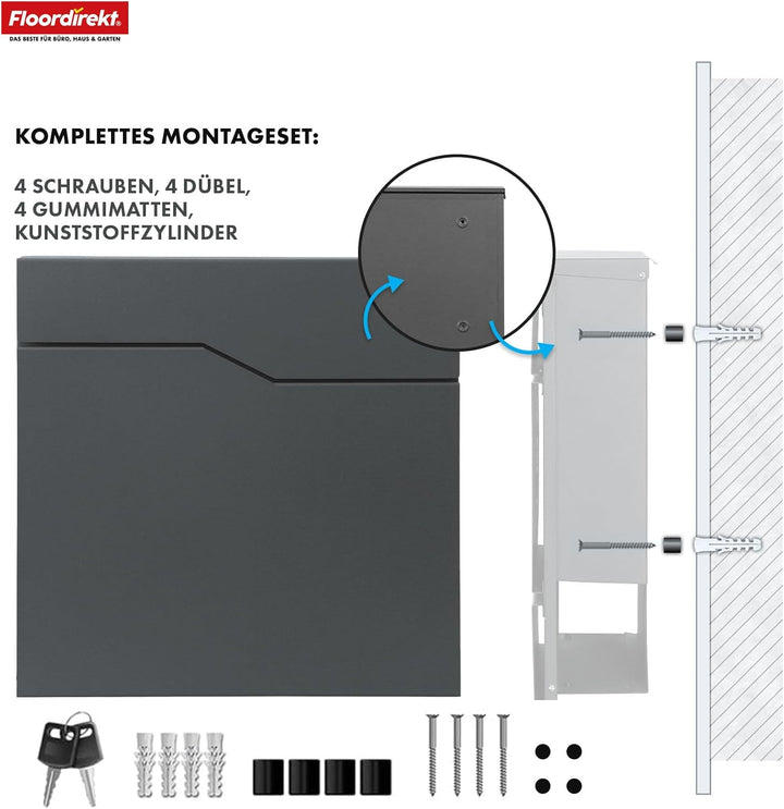Floordirekt Moderner Briefkasten, mit Zeitungshalter, Deckel, abschliessbar mit Zeitungsfach und gro