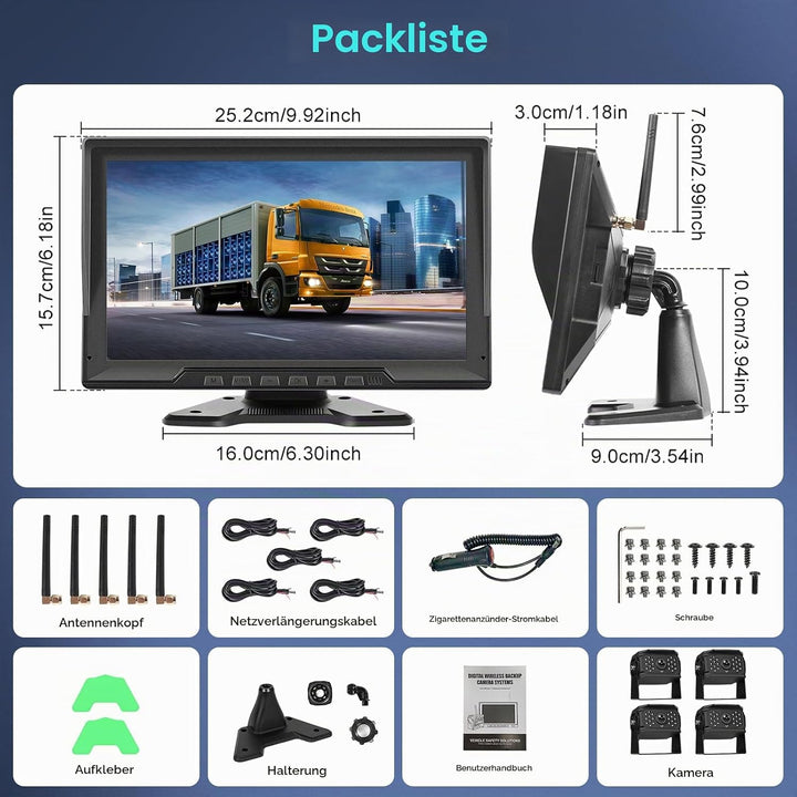 Hodozzy Digitale Kabellos Rückfahrkamera 4 Kameras,10,1 Zoll IPS HD Rückfahrmonitor mit Geteiltem Bi
