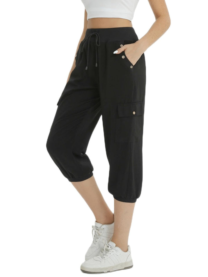 fuinloth 3/4 Hose Damen, Sommer Caprihose Dreiviertel Cargo Hosen Frauen Gummizug Leicht 38-40 Schwa