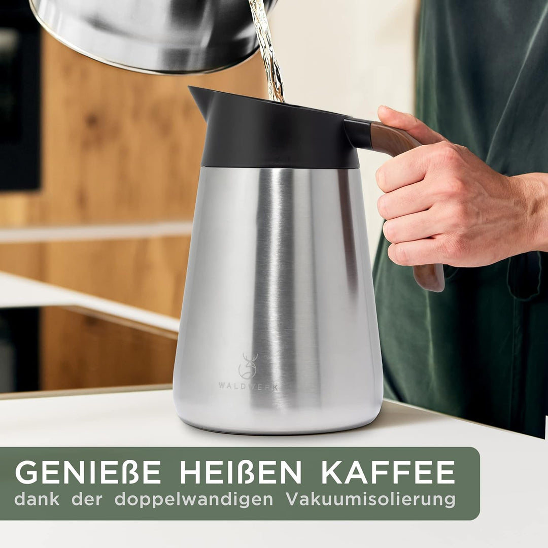 WALDWERK Thermoskanne (1,5L) - Kaffeekanne aus doppelwandigem 304 Edelstahl - Isolierkanne mit tropf
