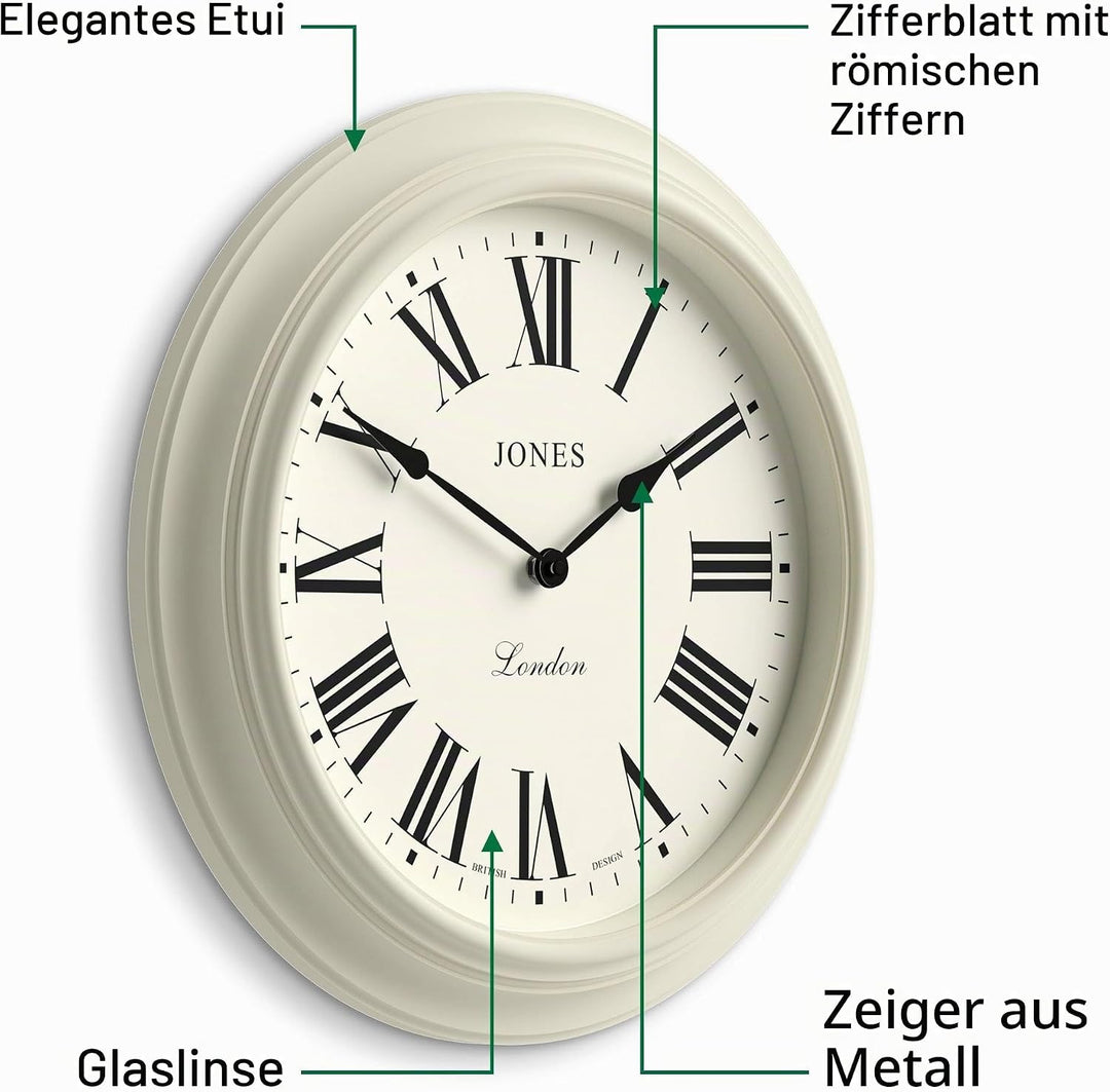 JONES CLOCKS® Supper Club Wanduhr | Grosse Klassische runde Uhr | 40cm | Helle Creme | Römische Ziff