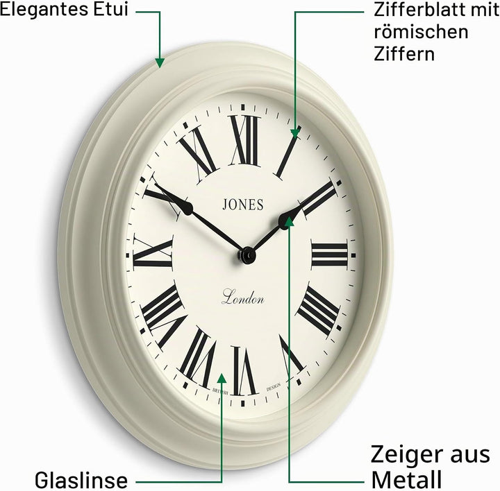 JONES CLOCKS® Supper Club Wanduhr | Grosse Klassische runde Uhr | 40cm | Helle Creme | Römische Ziff