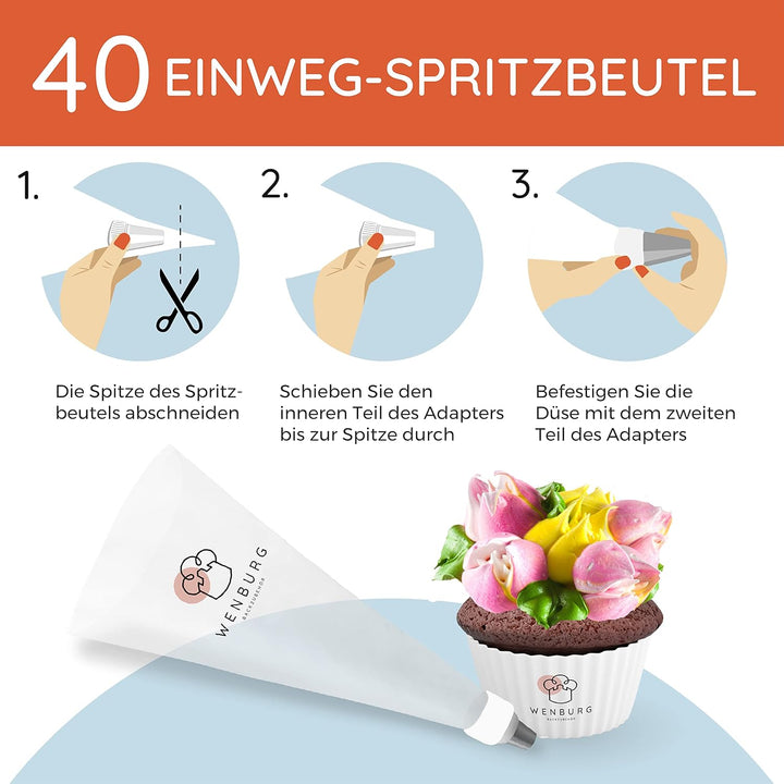 Wenburg Russische Edelstahl Spritztüllen Set: 52 Profi Tüllen - grosse, rüschen, Ball-Aufsätze, Füll