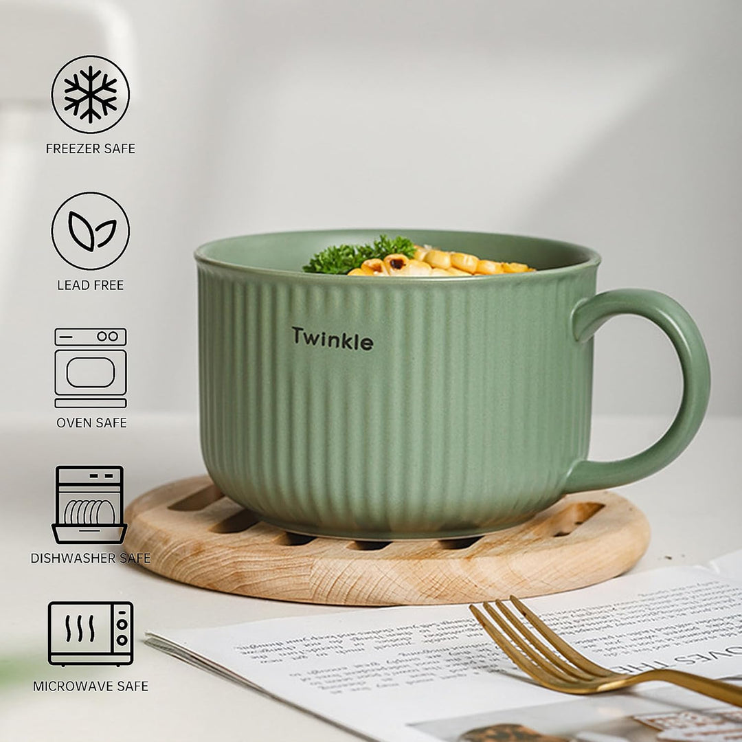 Keramik Suppenschalen mit Griff und Deckel, 750 ml Grosse Suppentasse für Suppe, Instant-Nudel, Müsl